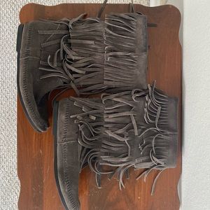 Minnetonka Grey Fringe Boots